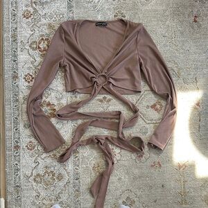 Brown Long-Sleeve Wrap Top
